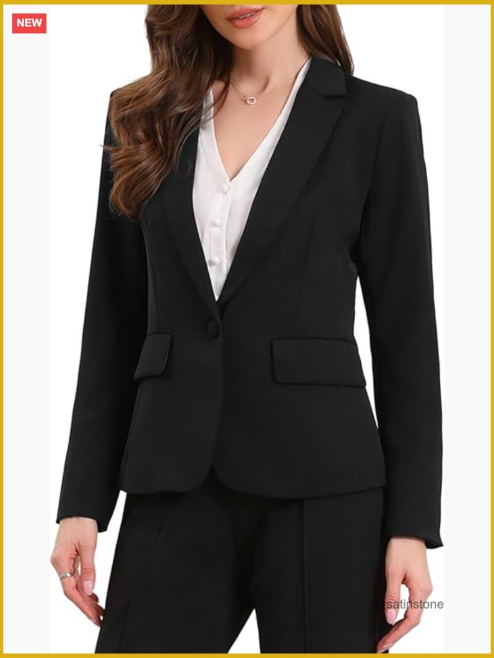 Long Sleeve Blazer With Shoulder Pads, One Button, Pockets, Polyester